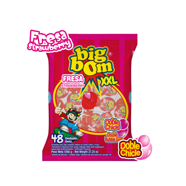 آبنبات چوبی بادکنکی بیگ بوم با طعم توت فرنگی بسته 48 عددی